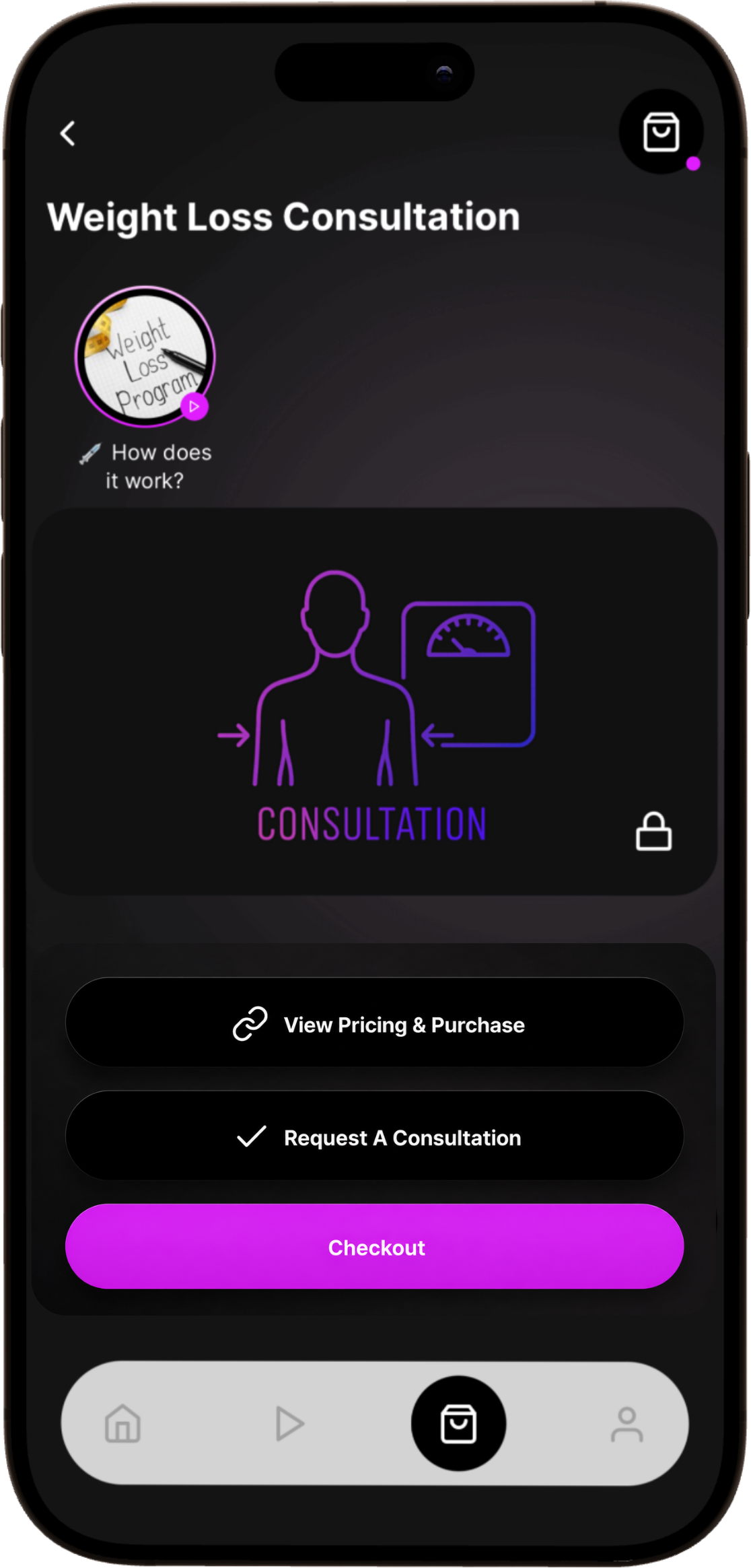 Clinic-branded digital storefront showing a weight-loss consultation with pricing, consultation, and checkout options