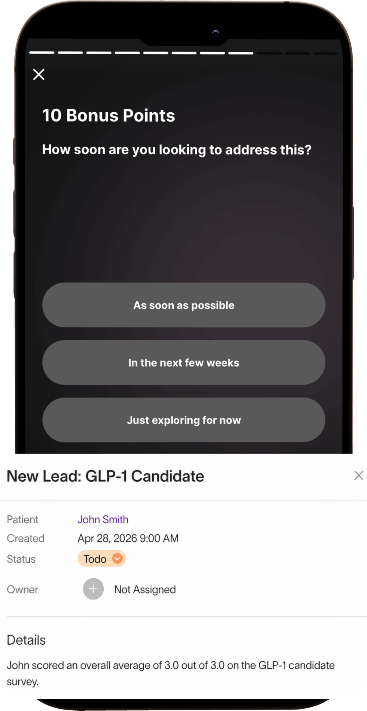 Lead qualification survey on a clinic-branded phone generating a new patient lead record