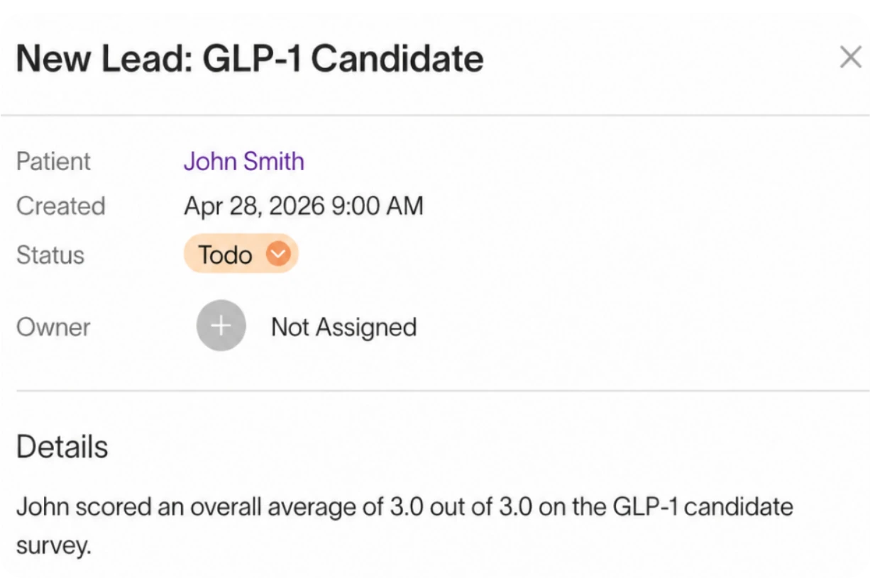 New GLP-1 patient lead record generated by the qualification survey