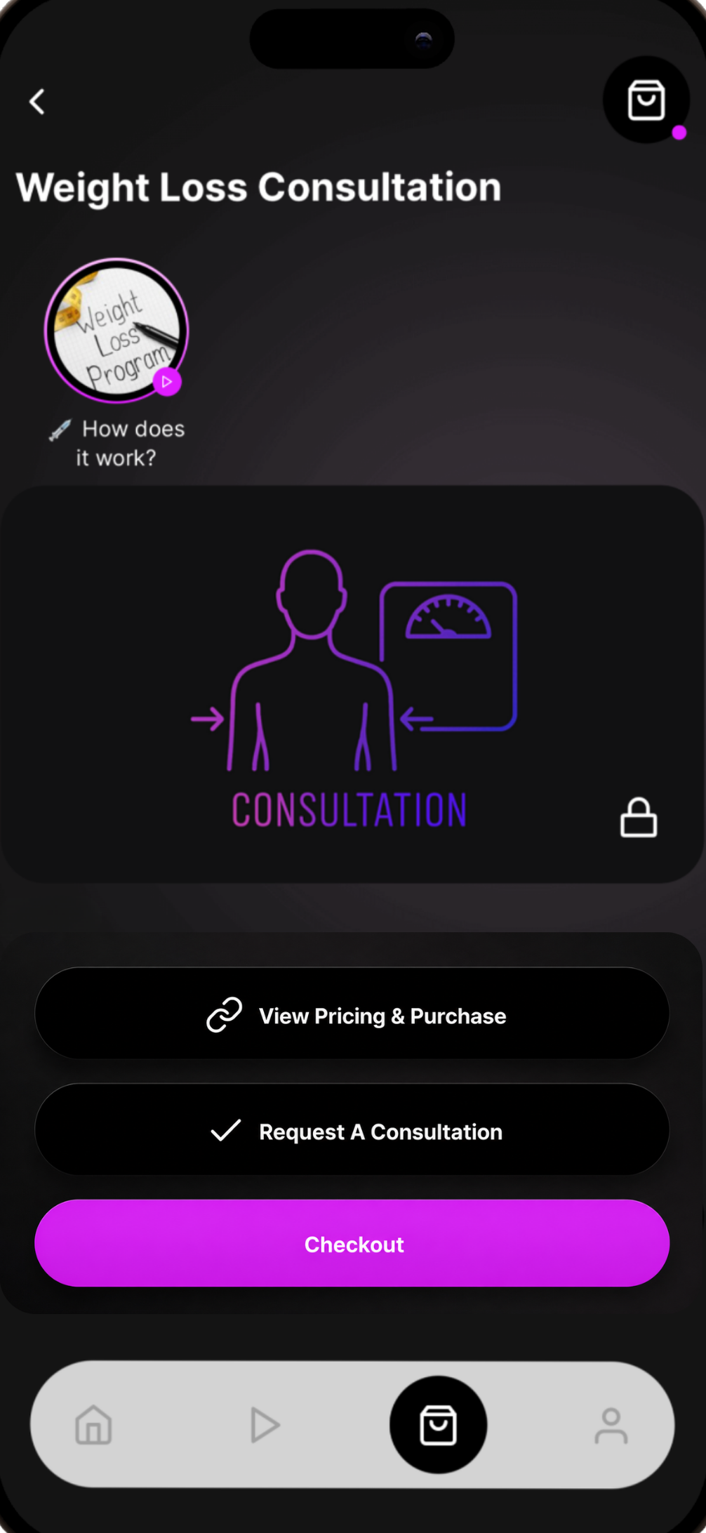 A clinic service storefront with purchase and checkout options