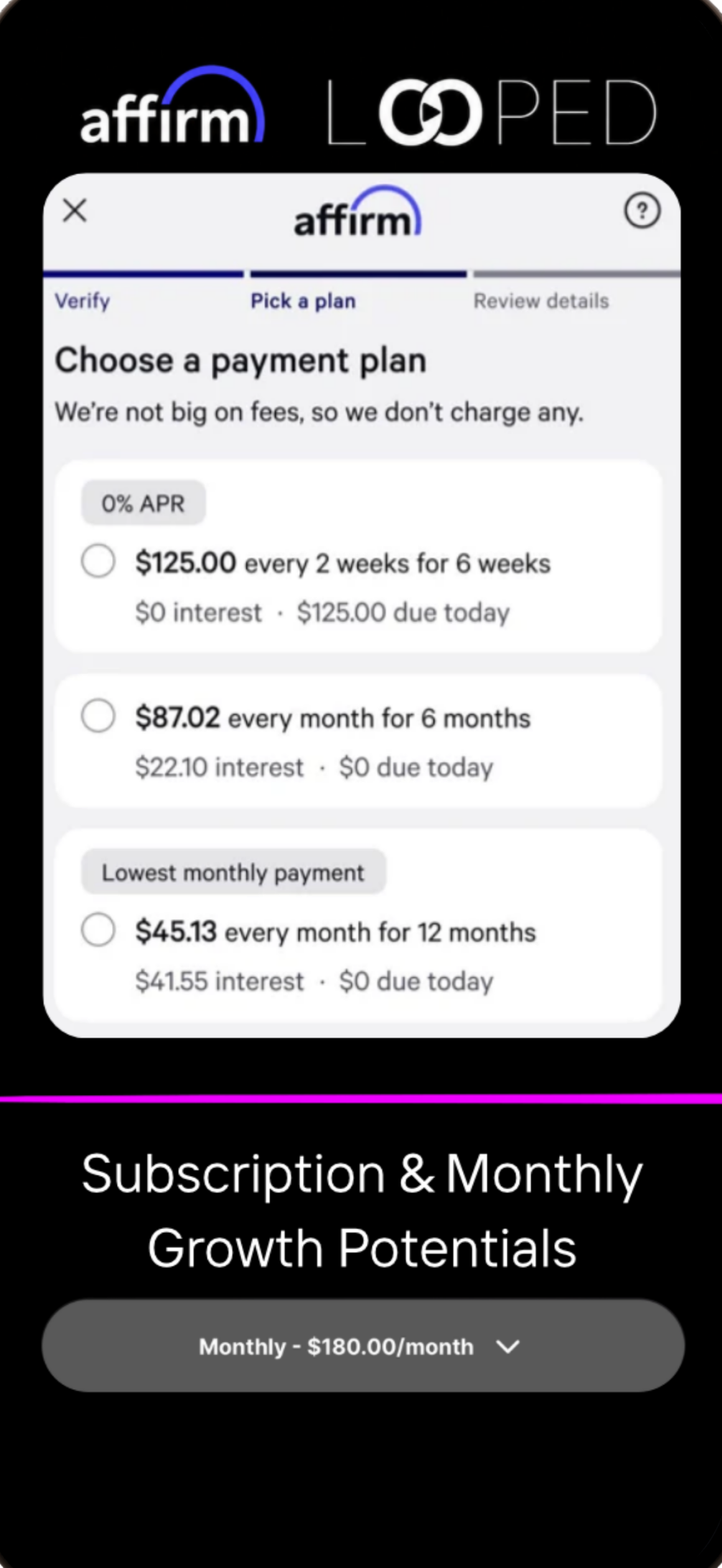 Patient financing and monthly subscription options inside Looped